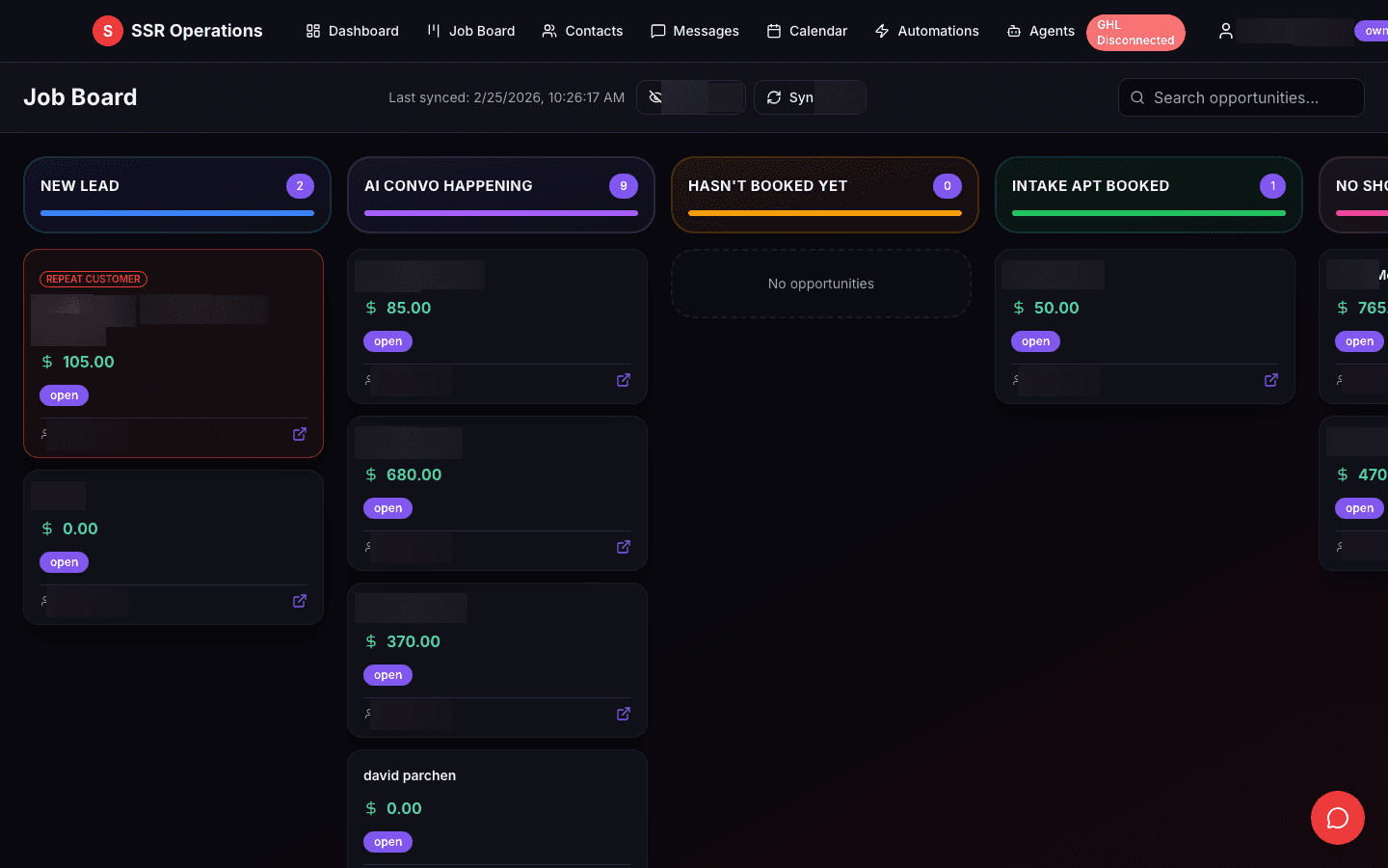Kanban-style job board with drag-and-drop workflow management across pipeline stages (New Lead through Completed), showing per-job revenue estimates, AI conversation status indicators, and automatic stage progression - turning chaos into a visual production line.