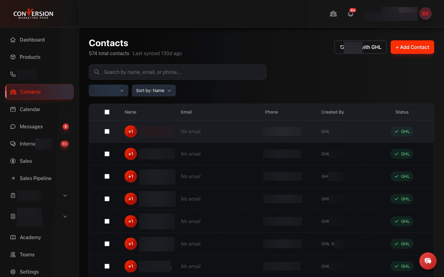 Centralized contact database with 574+ records synced from GoHighLevel CRM, featuring status indicators, creation tracking, and bulk management tools for maintaining a single source of truth across the entire organization.