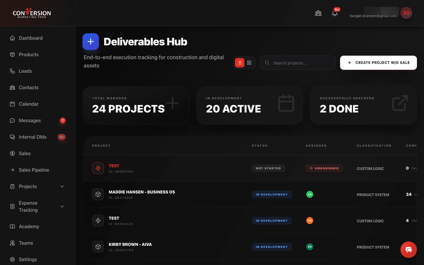 Project deliverables hub showing 24 active projects with task completion tracking, team member assignments, classification tags (Product System vs Custom Logic), and status indicators - giving project managers instant visibility into every active engagement.