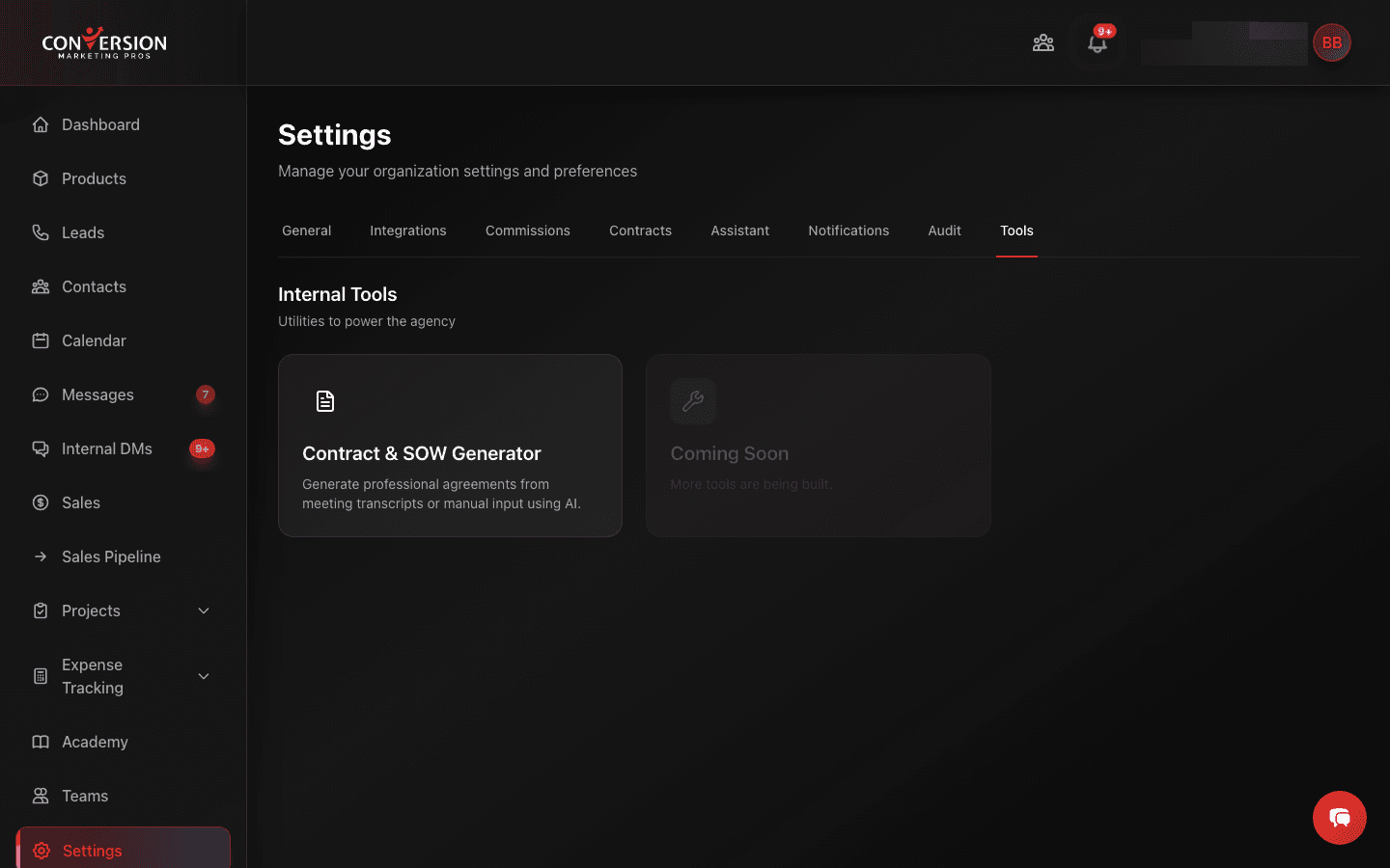AI-powered tools launcher featuring a Contract and SOW Generator that creates professional agreements from project parameters - automating document creation that typically takes hours into minutes.