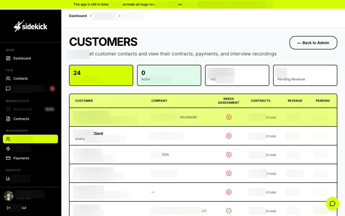 Customer account management with company details, needs assessments, contract counts, revenue tracking, and pending payment indicators - giving account managers a complete view of every client relationship.