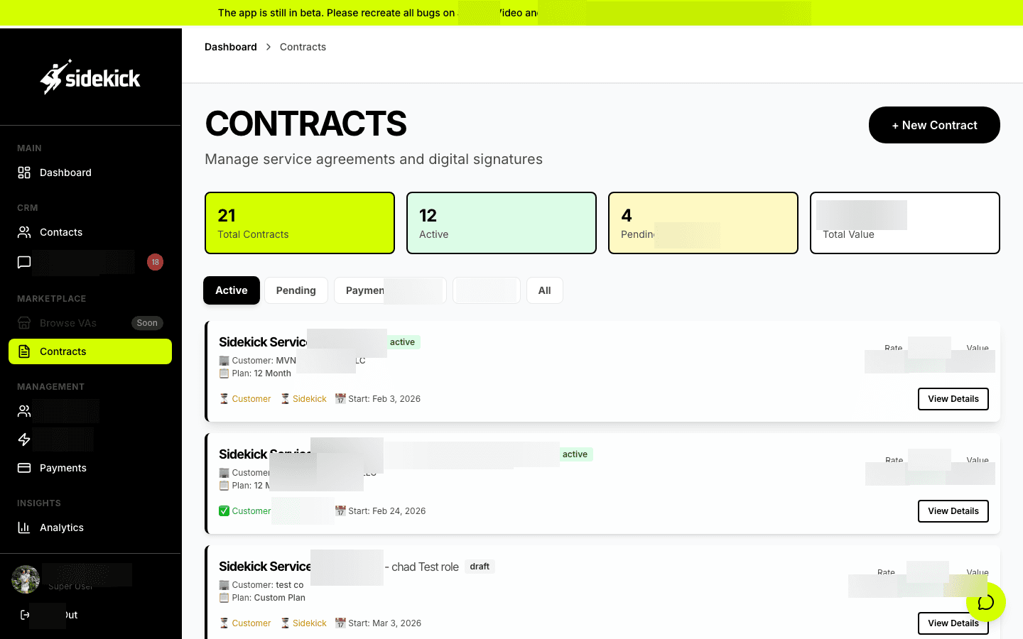 Contract lifecycle manager with status tracking (Active, Pending, Completed), monthly billing details, client-VA pairings, and automated payment schedules - managing every engagement from proposal through completion.