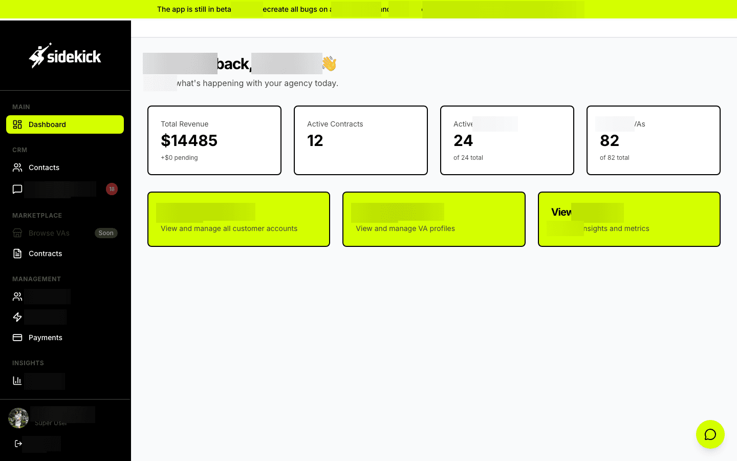Agency command center displaying total revenue, active contracts, workforce size, and match counts at a glance, with quick-action cards for customer management, VA profiles, and performance insights - giving operators a complete business snapshot the moment they log in.