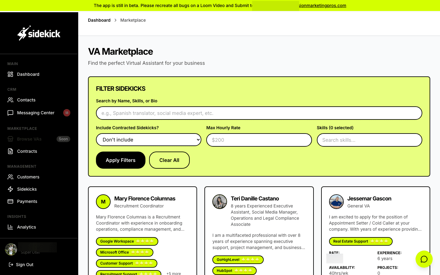 Virtual assistant marketplace with skill-based search filters, hourly rate ranges, experience levels, and detailed profile cards featuring bio summaries and capability ratings - matching clients with the perfect VA in seconds.