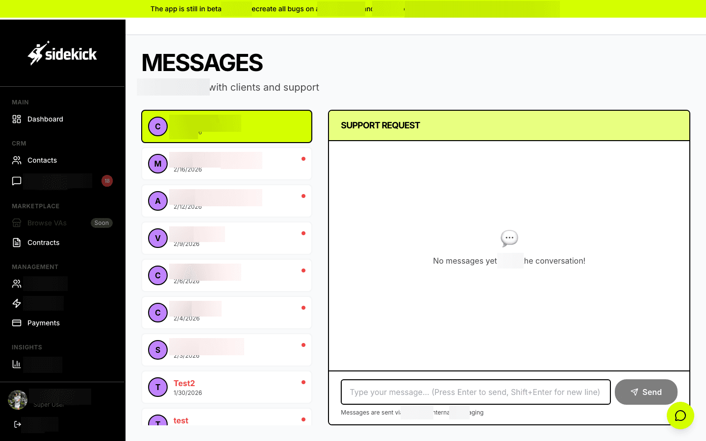 Multi-channel messaging hub with threaded conversations, read receipts, and contact-linked message history - centralizing all client and VA communications in one searchable inbox.