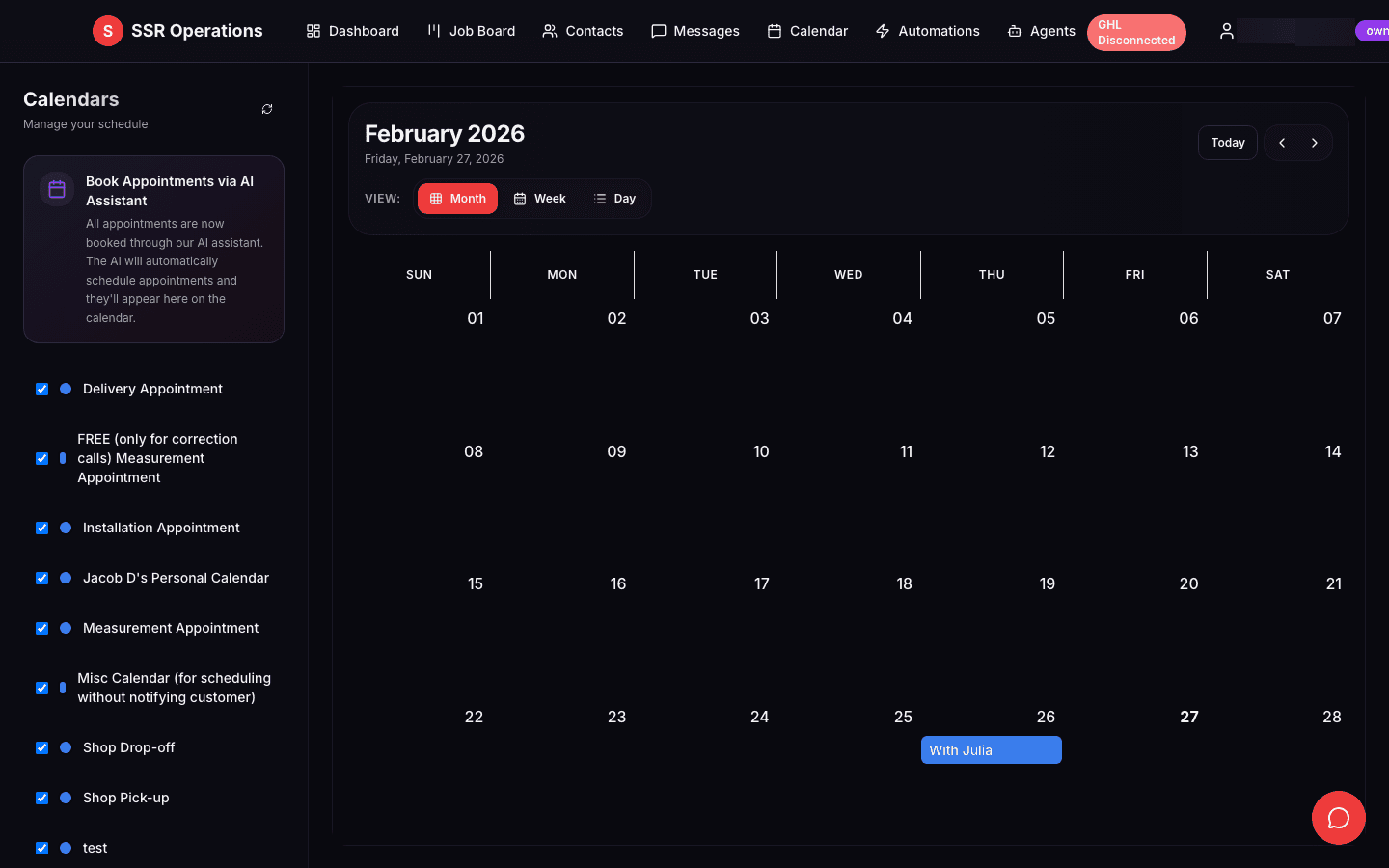 Appointment scheduling calendar with multi-type event filtering (Delivery, Installation, Measurement, Intake), team member views, and GoHighLevel sync - coordinating field crews and office staff from a single calendar interface.